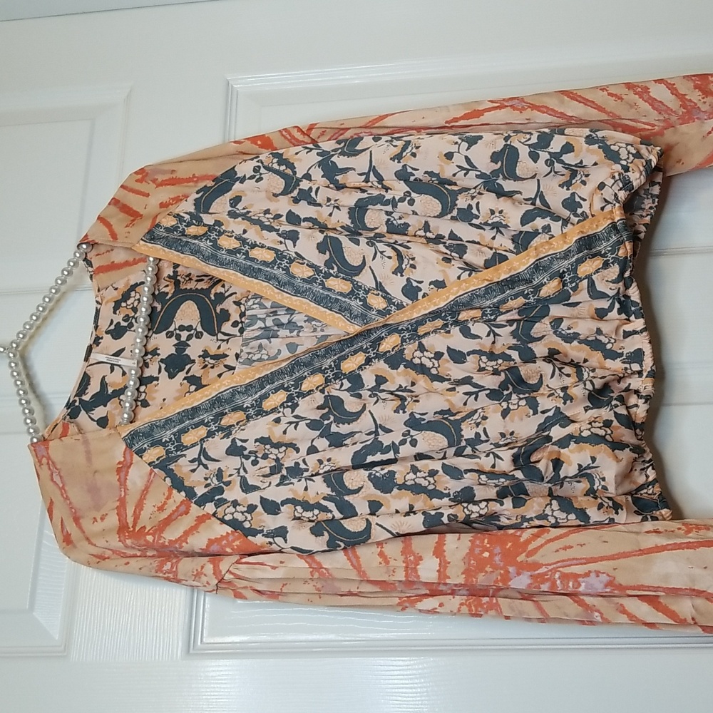 Free People Orange Gray V Neck Flounce Longsleeve Blouse Wrap Printed Shirt Top - Picture 5 of 14